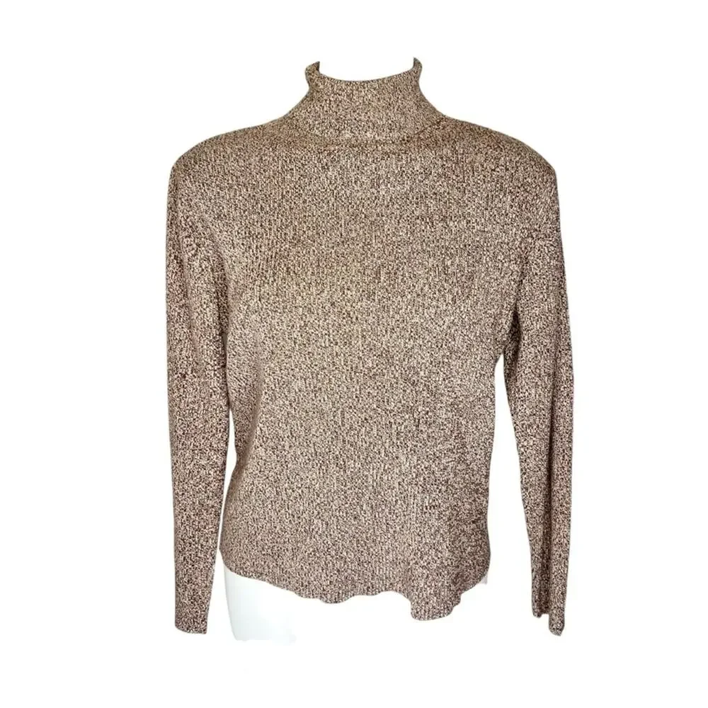Y2K Liz Claiborne Brown Knit Cotton Sweater Turtleneck Ribbed Pullover size XL